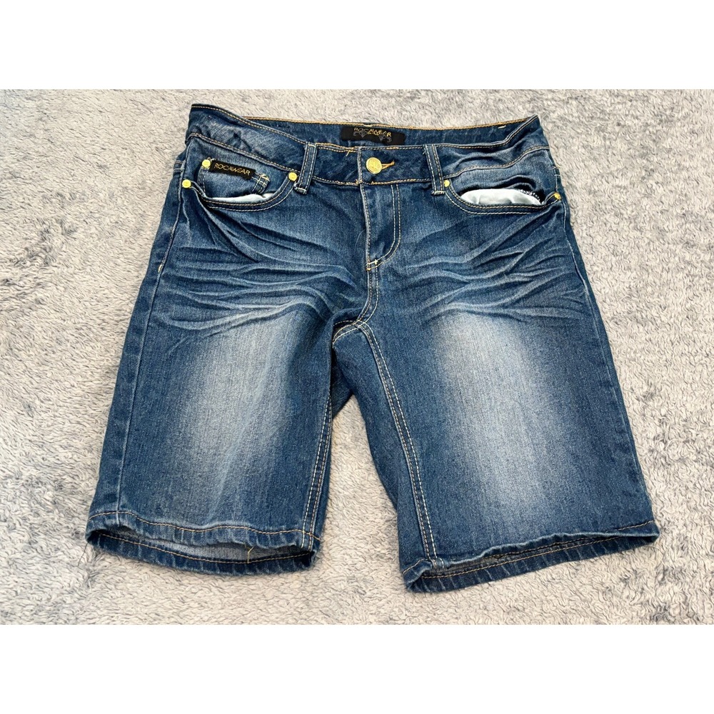 Rocawear Womens Jean Shorts Size 7 Blue Dark Wash Stretch Embroidered Denim